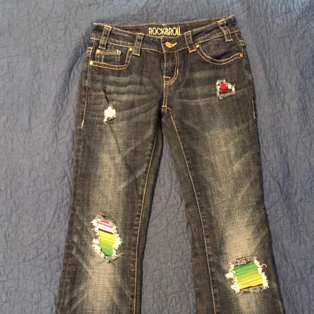 Rock & roll cowgirl jeans, serape patches